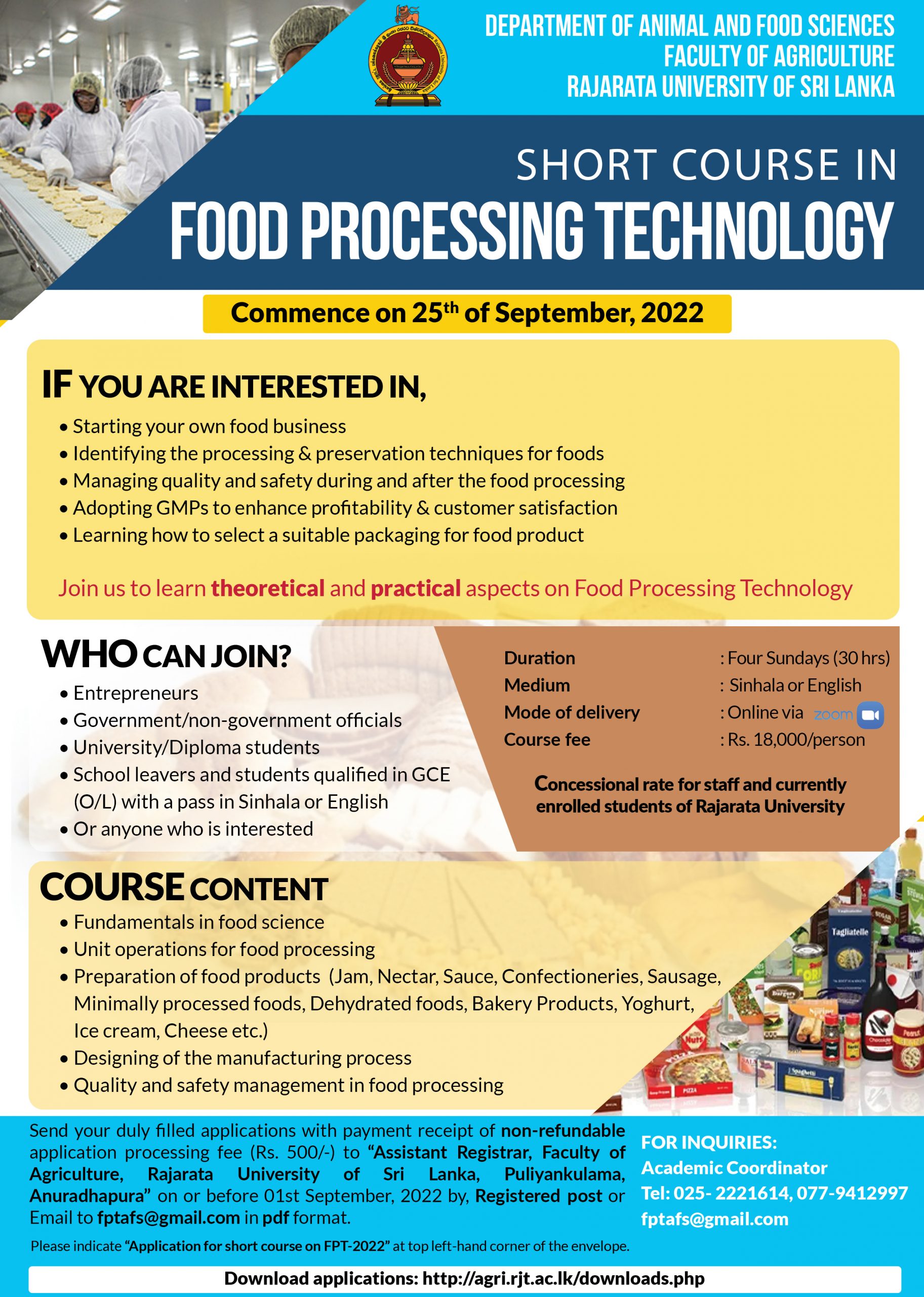 Short course on Food Processing Technology 2022 Rajarata University
