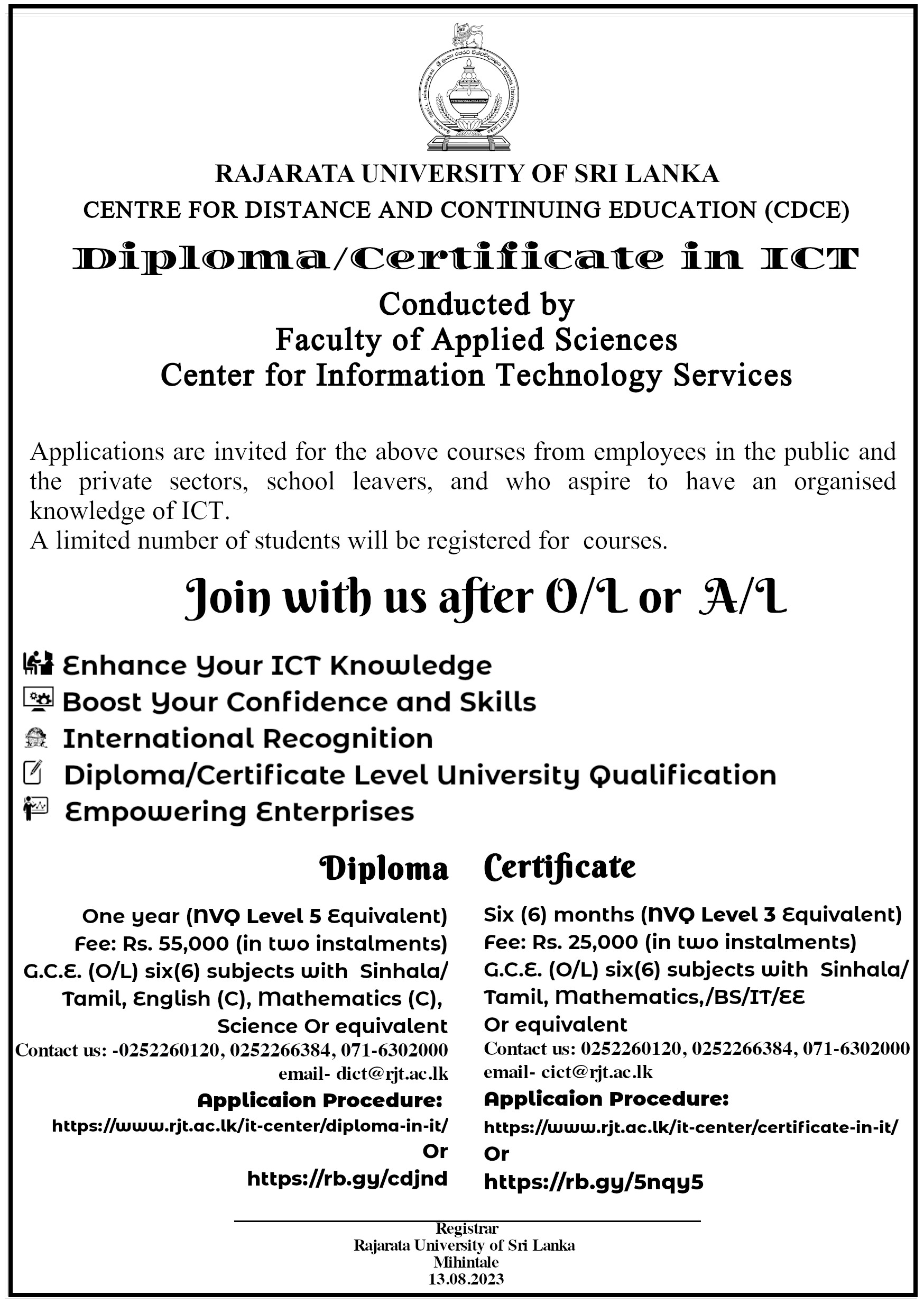 calling-application-for-the-diploma-and-certificate-course-in-ict-rajarata-university-of-sri-lanka
